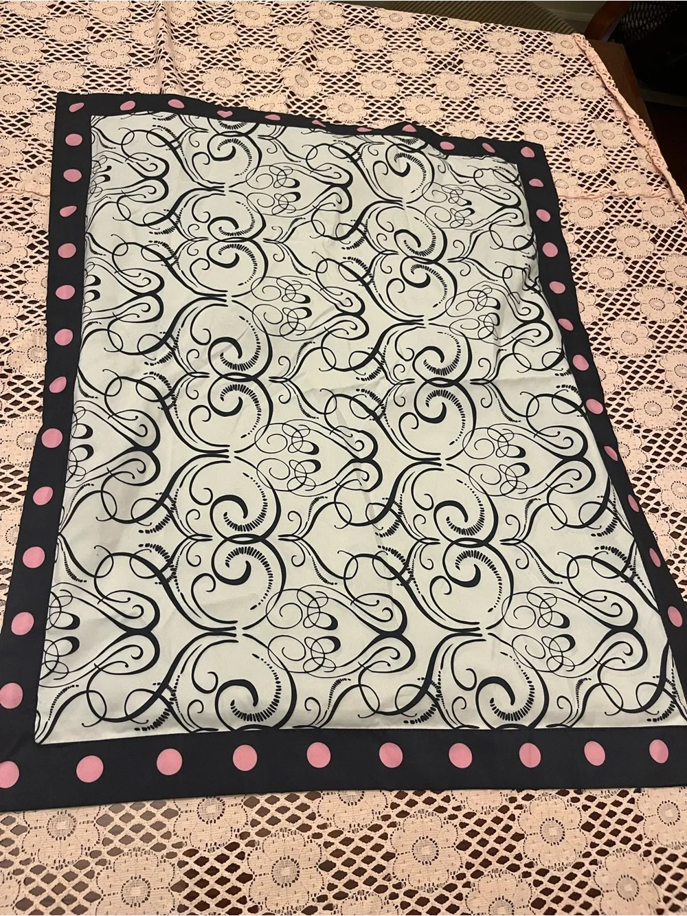 Black Scroll Pattern Square pillow sham with Pink Polka Dot Border